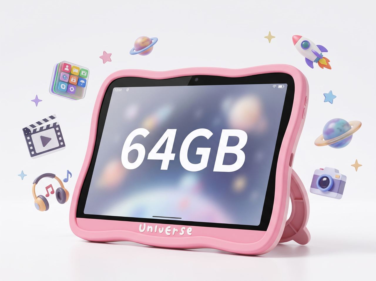 Universe Tablet Kids rosa destacando os 64GB de armazenamento interno para apps, fotos e vídeos
